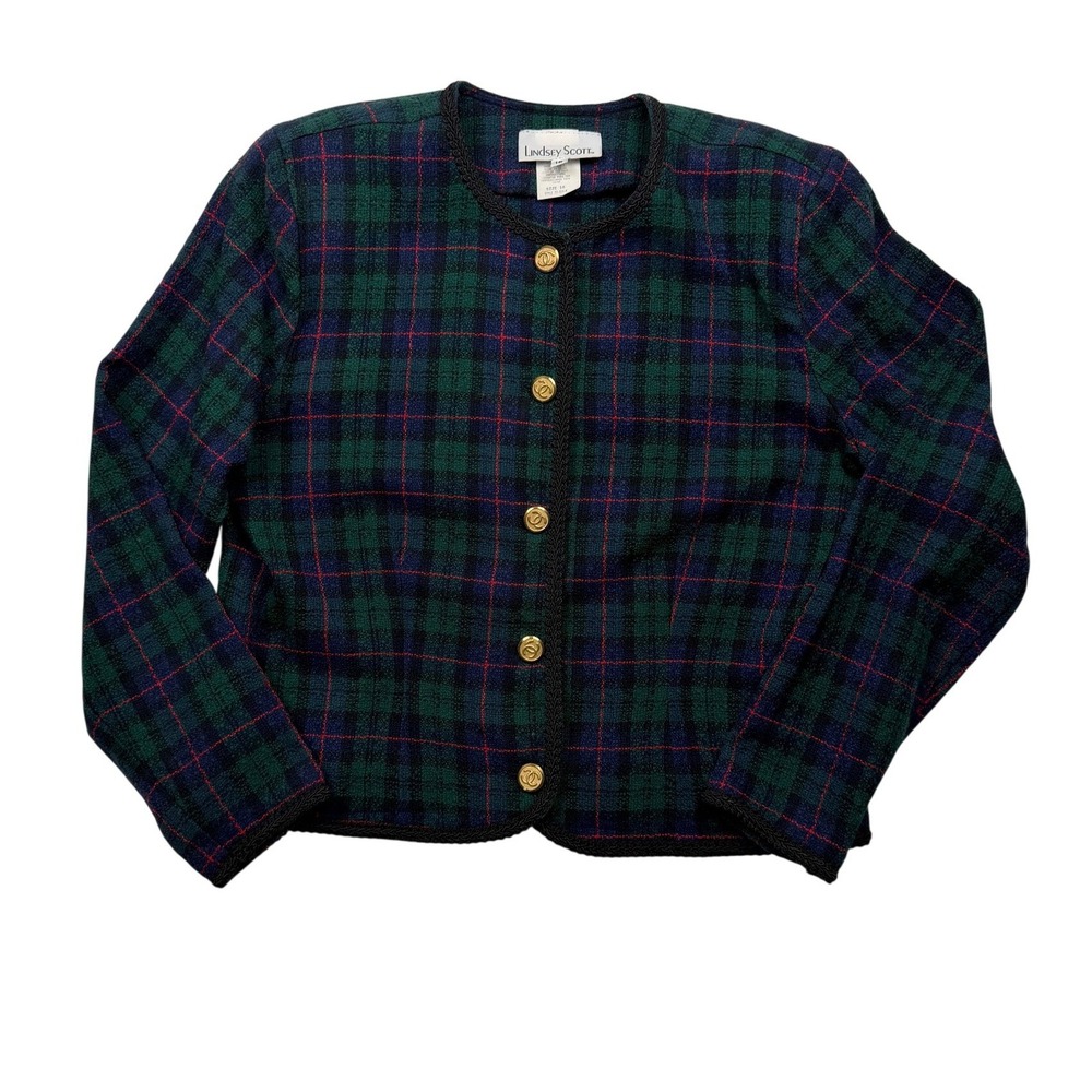 Vintage 80s Lindsey Scott Plaid Jacket Medium Gold Buttons Made USA